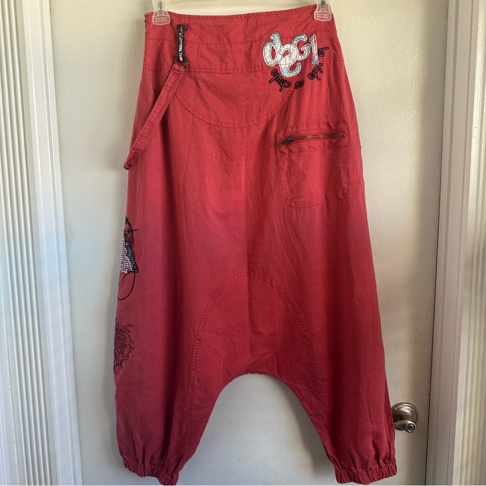 RARE Desigual Vibrant Coral Red Embroidered Appliquéd Cotton Boho Harem Pants - Picture 5 of 13